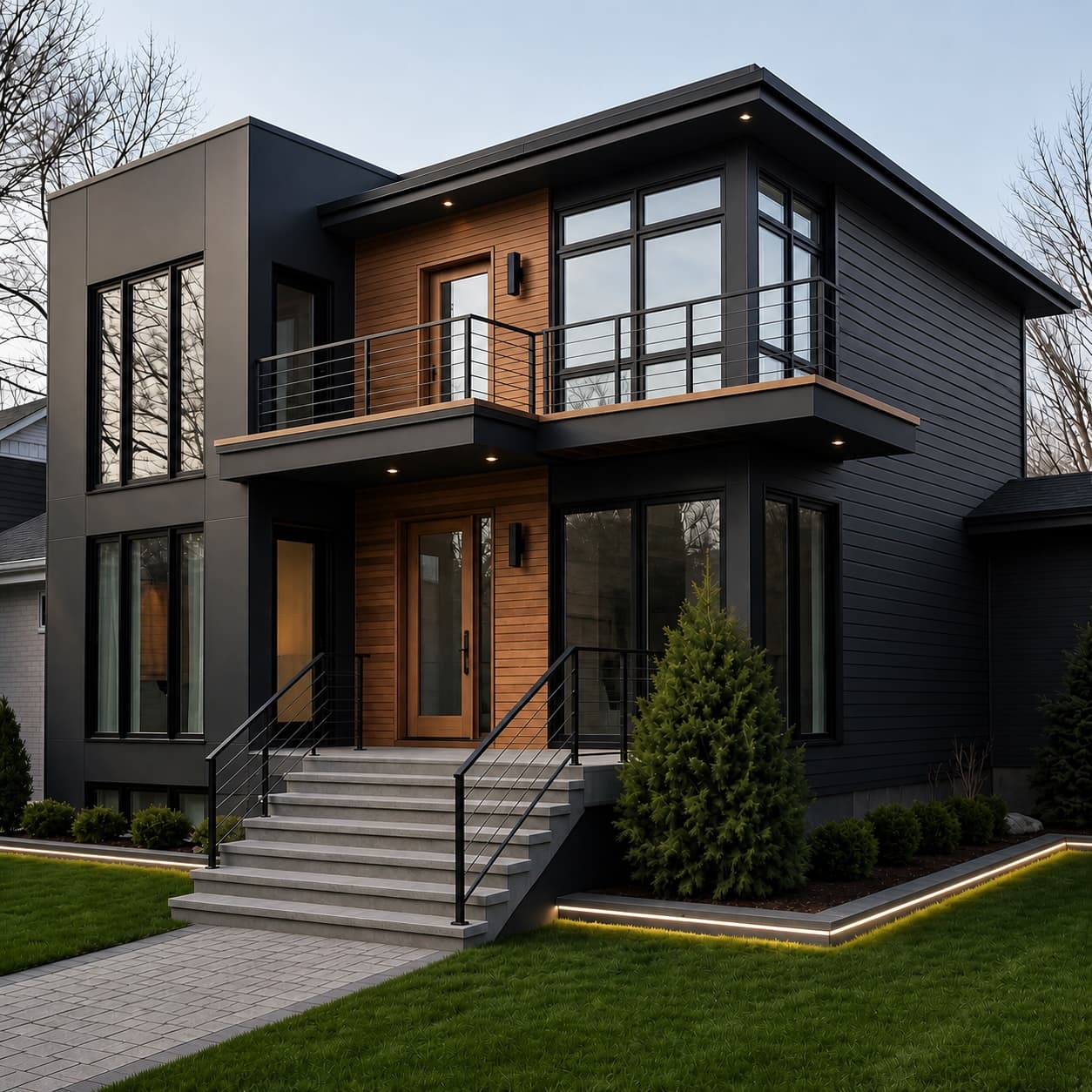 Modern two-story home with cedar accents and a wraparound deck